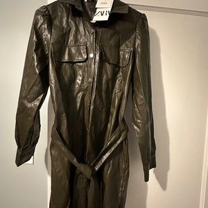 Zara Hunter Green Belted Leather Dress